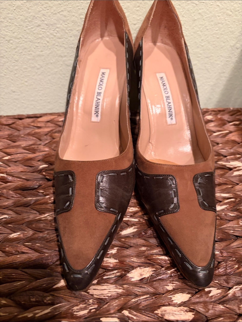 Manolo Blahnik Brown Suede and Dark greenLeather Pointed Pumps